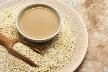 Sesame and Tahini Harmony. A bowl of creamy tahini beside a scoop of sesame seeds on a stone plate.
