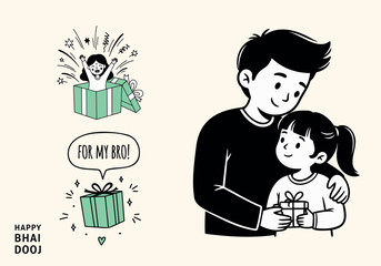 Cute Bhai Dooj doodle illustration set showing the joy of gifting, featuring a sister's surprise from a gift box and a loving moment between brother and sister.