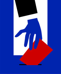 Hand putting voting paper in the ballot box in blue, red, black and white colors. Election poster in a flat minimalist style. Vector illustration 