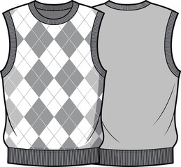 Argyle sweater vest fashion illustration front and back view with ribbed trim and diamond knit pattern design
