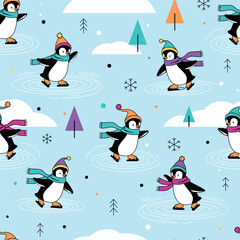 Cute Ice Skating Penguins Winter Pattern on Blue Background