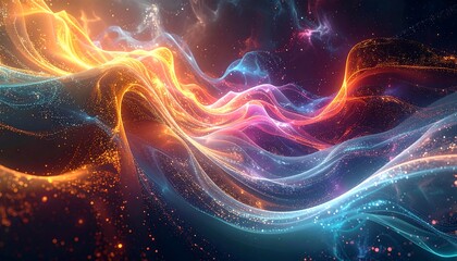 Abstract composition of glowing, flowing energy across a dark background. A cosmic display of orange, blue, and pink light