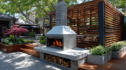 Outdoor fireplace surrounded by greenery and wooden accents creates a cozy atmosphere for relaxation