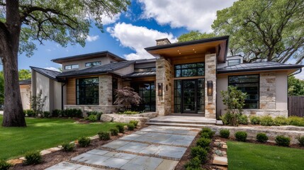 Modern house with stone facade and landscaped garden on a sunny day