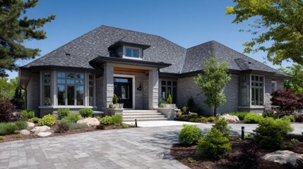 Beautiful modern house with stone exterior and landscaped front yard in bright sunny weather