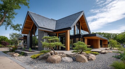 Modern house with natural landscaping and clear blue sky on a sunny day in a peaceful neighborhood
