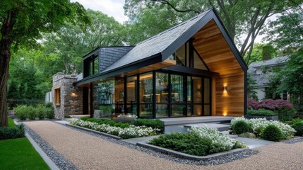 Modern home design featuring an open layout and natural landscaping in a suburban area during the late afternoon light