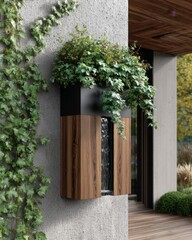 Stylish modern planter box adds greenery to outdoor wall with lush plants and natural wood accents