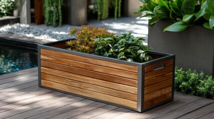 Modern wooden planter box with lush green plants in a tranquil patio setting in the afternoon sun