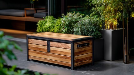 Beautiful wooden storage box placed outdoors surrounded by greenery in a modern setting