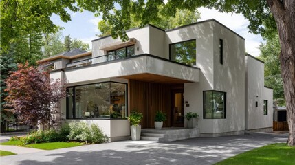 Modern house design with contemporary architecture and lush landscaping in a suburban neighborhood during daytime