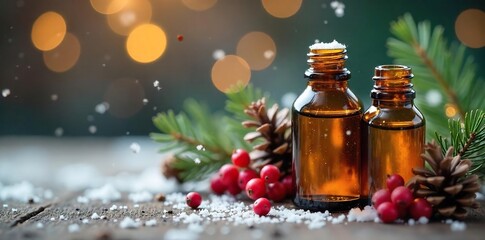 Cozy Winter Aromatic Oils Amber Bottles, Pine Cones & Berries. Perfect for Holiday Gift Guides, Aromatherapy, and Seasonal Blogs.  Evokes a warm, festive atmosphere.