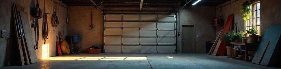 Slightly Ajar Garage Door Reveals Dimly Lit Interior, Perfect for Home Improvement, DIY, and Real Estate Projects. Shows Potential Storage Space and Residential Texture.