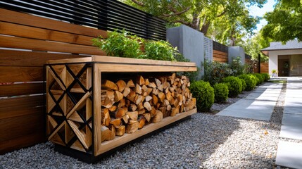Modern outdoor garden design features a stylish planter and firewood storage unit in a serene backyard setting