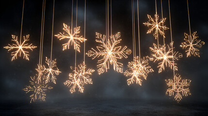 Glowing golden snowflakes hanging in dark mist, Festive holiday decor with illuminated snowflake ornaments, Magical winter wonderland with floating crystal lights