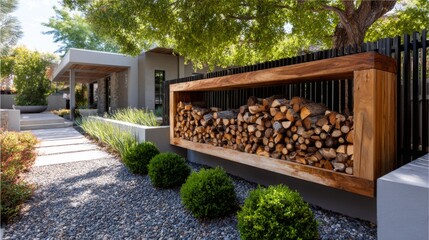 Modern outdoor design featuring neatly stacked firewood beside a stylish home on a sunny day
