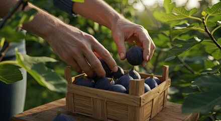 Person harvesting figs from a wooden crate during daytime in natural light