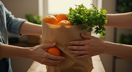 Person exchanging a brown paper bag full of fresh oranges and herbs