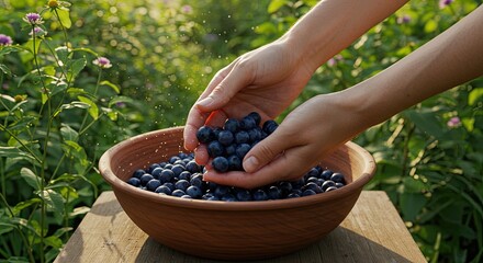 Person gathering fresh blueberries from bowl in natural sunlight
