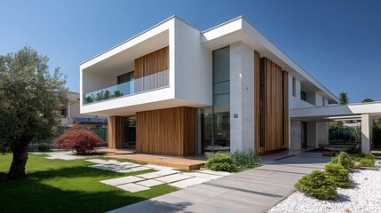 Modern house design features natural materials and sleek lines in a sunny, landscaped garden