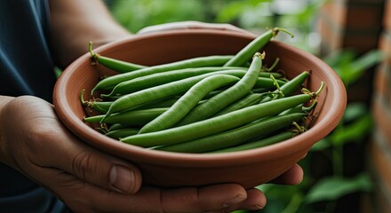 Person holding fresh green beans in a terracotta bowl close up