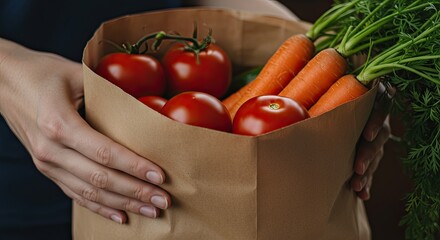 Person holding grocery bag of fresh vegetables for healthy eating and cooking