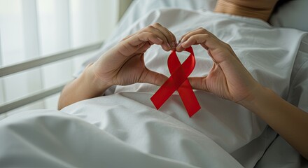 Person holding red ribbon on chest in hospital bed for awareness