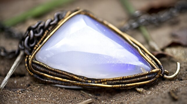 Beautiful Opalite Necklace Resting on Sandy Surface With Natural Background