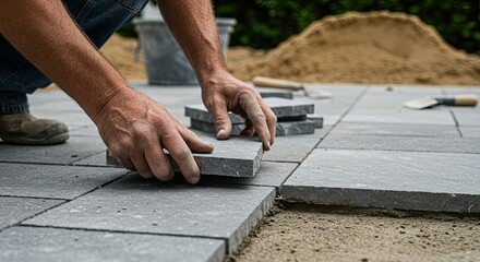 Worker laying paving stones outdoors for construction or renovation project