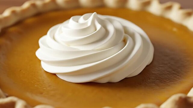 Delicious pumpkin pie with creamy whipped topping swirling in slow motion, perfect for Thanksgiving and holiday celebrations