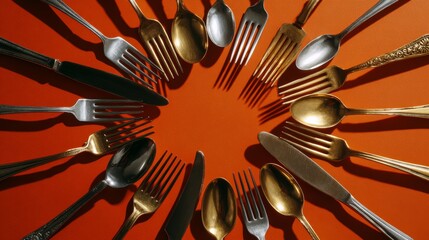 Pop art flat lay of stainless cutlery, antique silverware, golden forks in a circle over orange backdrop.