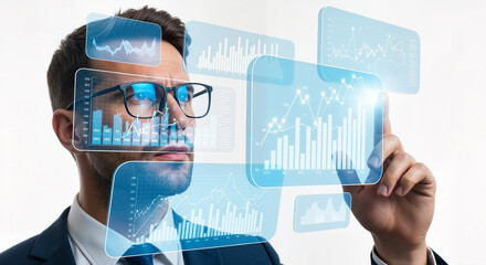 Innovative businessman analyzing dynamic financial data with futuristic interface for strategic investments and growth in modern global economy with cutting edge technology