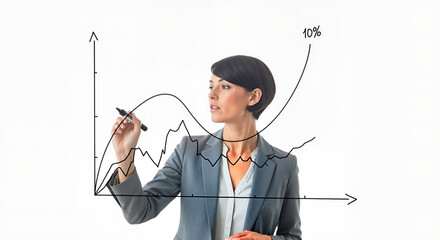 Professional businesswoman confidently presents dynamic growth charts and market trends with a marker, visualizing success and strategic planning for future business prosperity.