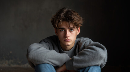 Obraz premium Contemplative teen boy posing indoor studio portrait mood