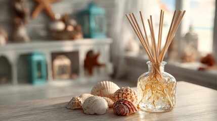 Reed diffuser with sea shells displayed on a table inside a room interior.