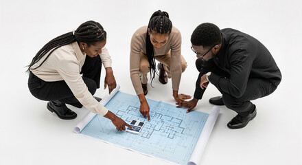 Diverse team of professionals collaborating on architectural blueprints, planning innovative designs in a bright, modern studio setting, fostering teamwork and project success.