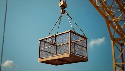 Heavy-Duty Metal Lift Basket Suspended from Crane Hook, Ready for Construction or Industrial Material Handling