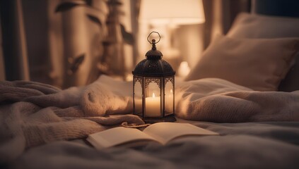 Soft glow candle beside open book