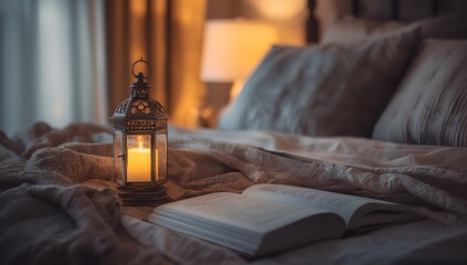 Aesthetic home decor with candle and book