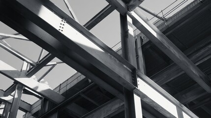 Steel frame construction structure photographed in industrial setting.