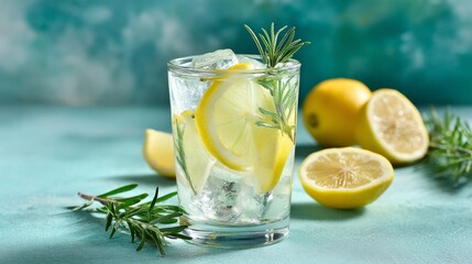 Summer lemonade or cocktail with ice, rosemary, and lemon slices on pastel green surface. Cold fresh lemon water.