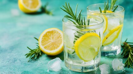 Summer lemonade or cocktail with ice, rosemary, and lemon slices on pastel green surface. Cold fresh lemon water.