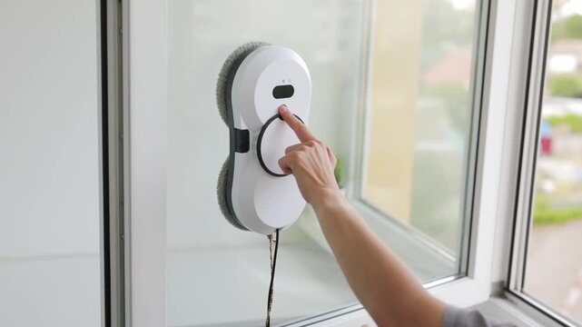 girl launches an automatic window cleaning robot. Man turned on a window cleaner robot by pressing a button