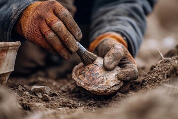 Expert hands carefully clean an ancient artifact during an archaeological dig in the field