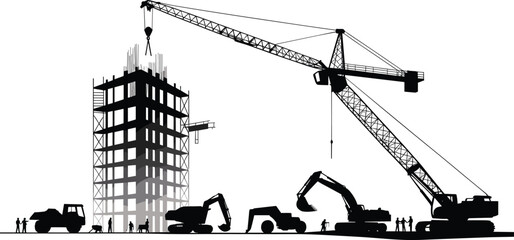 Construction site silhouette, crane lifting materials, workers operating machinery, urban development, industrial equipment, building structure, engineering, excavator, forklift, bulldozer © Frd Art