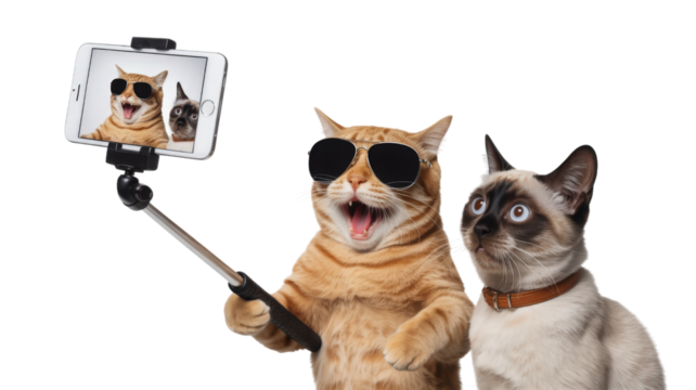 Two cats taking a selfie with sunglasses isolated on a transparent background - Powered by Adobe