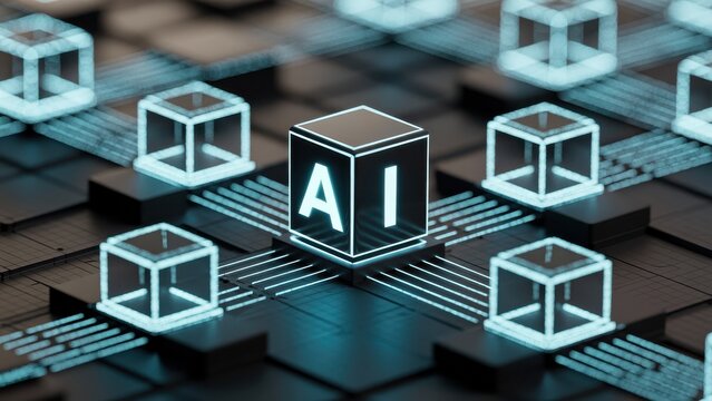 Abstract ai digital intelligence network with connected glowing cubes and circuits