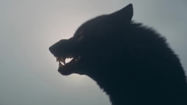 Dramatic silhouette of a powerful snarling wolf's head, baring fangs with an aggressive expression against a bright background.
