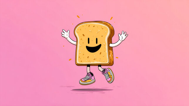 Happy cartoon bread slice character jumping with sneakers on pink background
