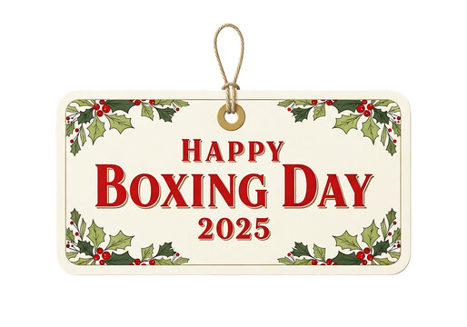 Happy boxing day 2025 tag with holly and berries isolated on transparent background